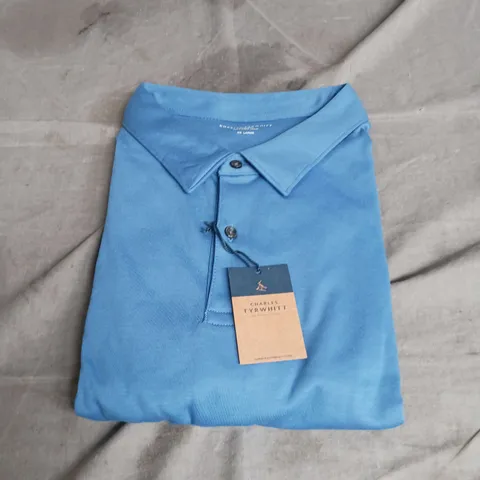 CHARLES TYRWHITT PLAIN LONG SLEEVE JERSEY POLO IN OCEAN BLUE SIZE XXL