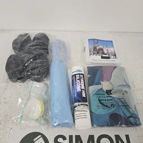 APPROXIMATELY 15 ASSORTED ITEMS INCLUDING INTERSURGICAL CLEAR GUARD 3 BREATHING FILTER, AN UMBRELLA AND BOND IT XTREME HM SILICONE