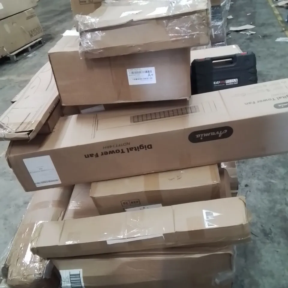 PALLET CONTAINING VARIOUS ASSORTED BOXED ITEMS TO INCLUDE, MEAT GRINDER, HEDGE TRIMMER, TOWER FAN, CORDLESS DRILL, FOOD DEHYDRATOR AND LOTS MORE UNMARKED BOXED ITEMS 