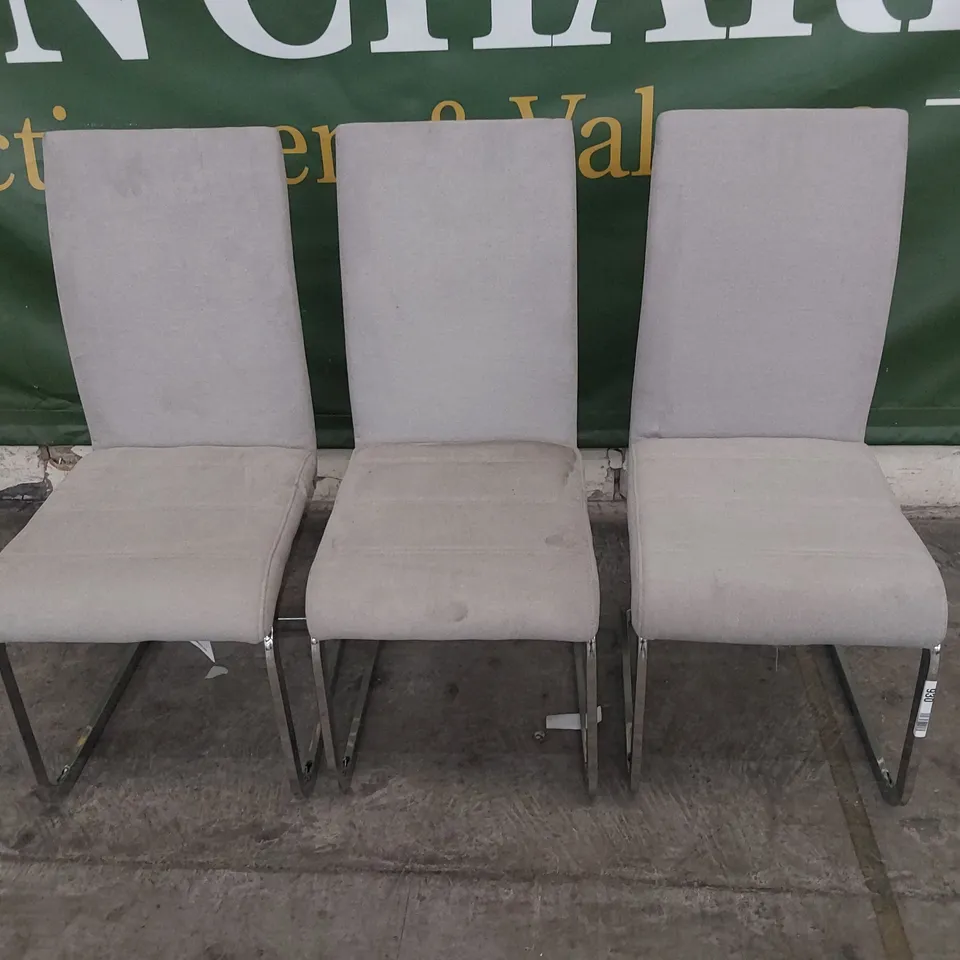 SET OF THREE UPHOLSTERED DINING GREY PLUSH FABRIC ON CHROME FRAMES 