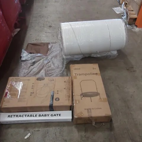 PALLET OF ASSORTED ITEMS INCLUDING: TRAMPOLINE, TINY LOVE BABY ROCKER, MATTRESS, PET CRATES, RETRACTABLE SAFETY GATE ECT