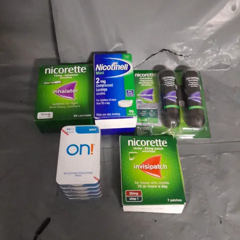 APPROXIMATELY 15 ASSORTED SMOKING PREVENTION AIDS TO INCLUDE NICORETTE MOUTHSPRAY, NICORETTE INVISIPATCH, NICOTINELL LOZENGES