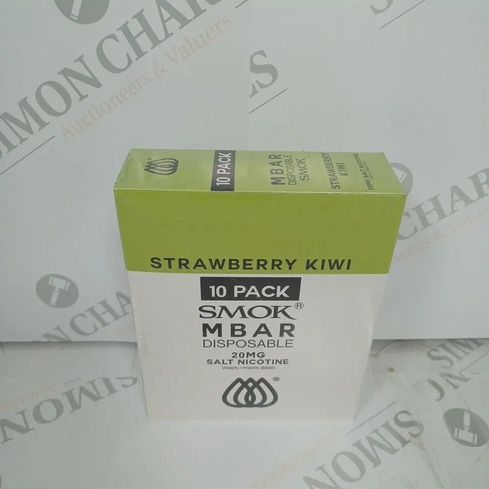 BOX OF APPROXIMATELY 10 BOXES OF STRAWBERRY KIWI 10 PACK SMOK M BAR DISPOSABLE 20MG SALT NICOTINE - SEALED