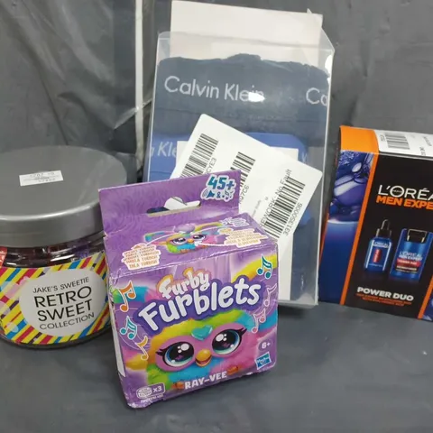 4 ASSORTED ITEMS TO INCLUDE CALVIN KLEIN 3 PACK BOXER BRIEFS, LOREAL MEN EXPERT POWER DUO, FURBY FURBLETS RAY-VEE, JAKE'S SWEETIE RETRO SWEET COLLECTION