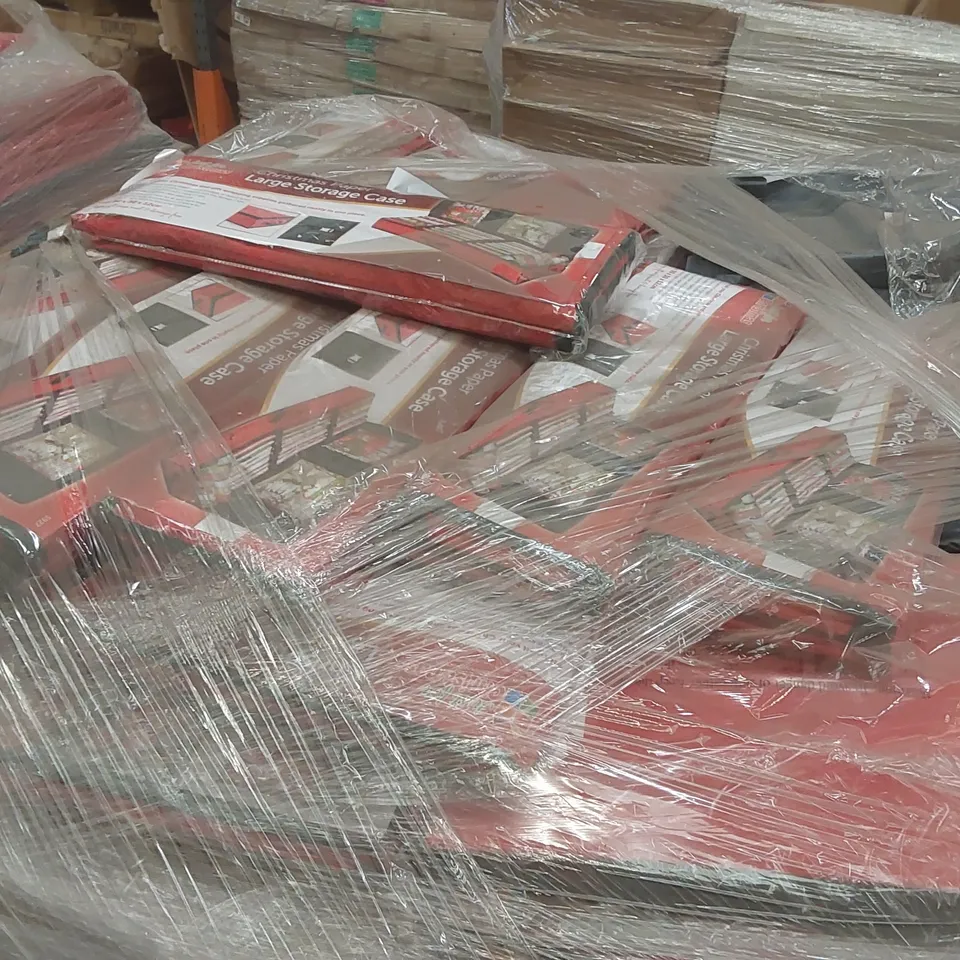 PALLET CONTAINING A VERY LARGE QUANTITY OF ASSORTED ITEMS INCLUDING: ARTIFICIAL CHRISTMAS TREES, CHRISTMAS PAPER LARGE STORAGE CASES ECT