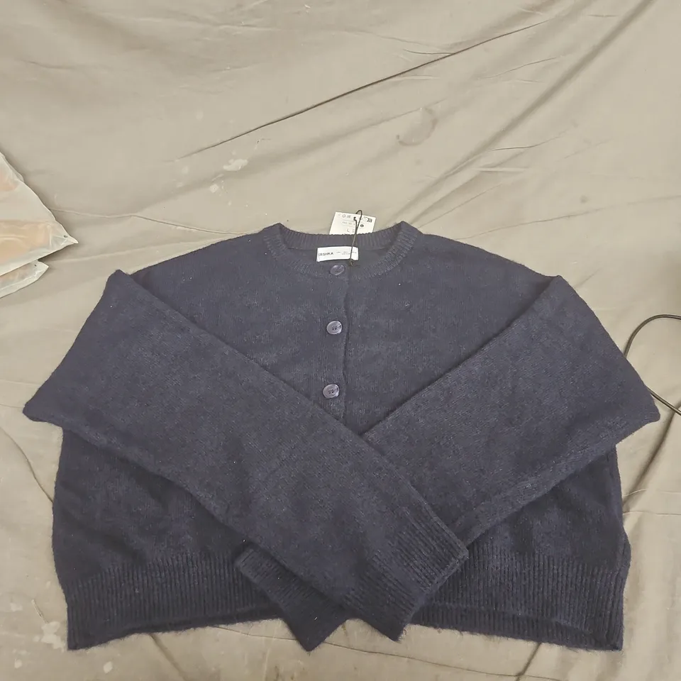 BERSHKA NAVY KNIT CARDIGAN, BUTTON FRONT - SIZE L