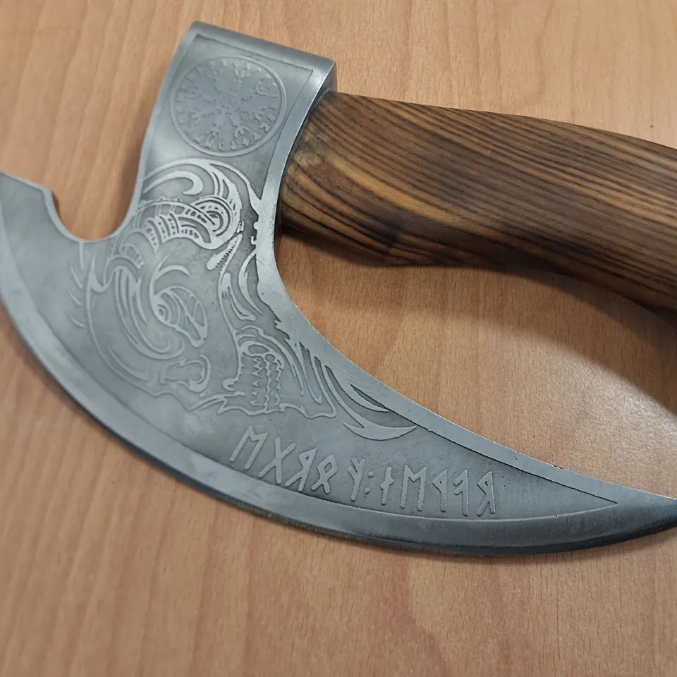 DECORATIVE 8.5" HAND AXE WITH WOODEN HANDLE AND SHEATH 