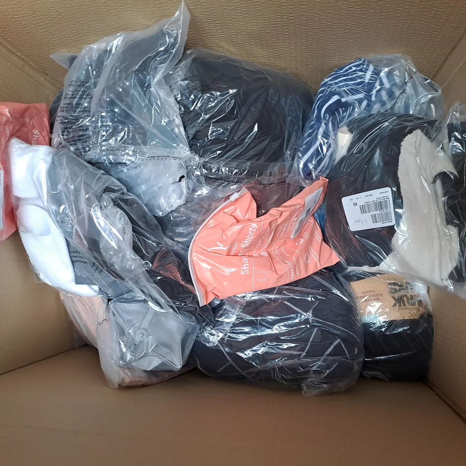 BOX OF ASSORTED CLOTHING ITEMS TOO INCLUDE COATS , TOPS, AND TROUSERS   ETC. 
