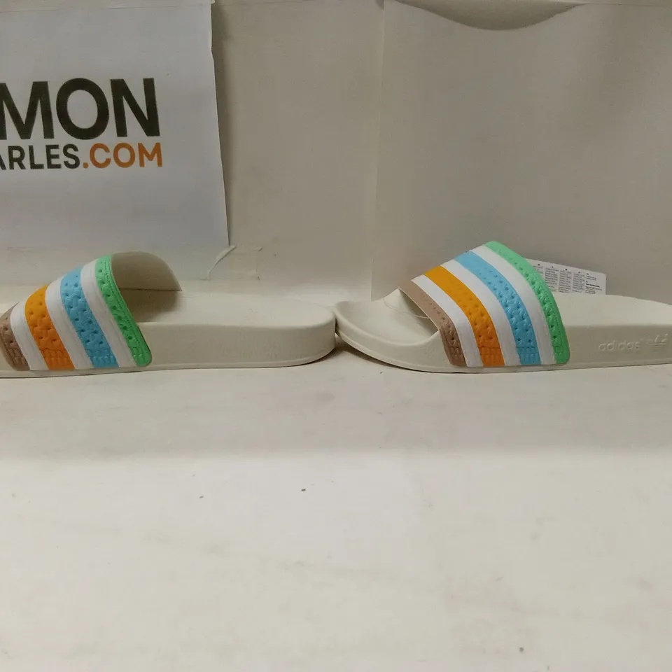 BOXED ADIDAS ADILETTE SLIDES – WHITE WITH MULTICOLOUR STRAPS – UK 4