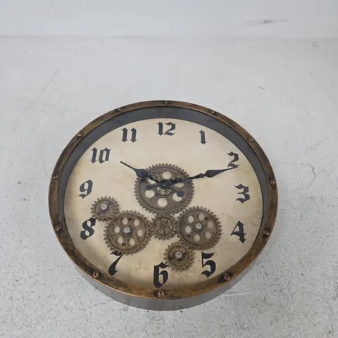ROUND GEAR WALL CLOCK WITH EXPOSED BRASS GEARS 