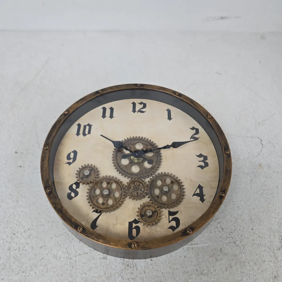 ROUND GEAR WALL CLOCK WITH EXPOSED BRASS GEARS