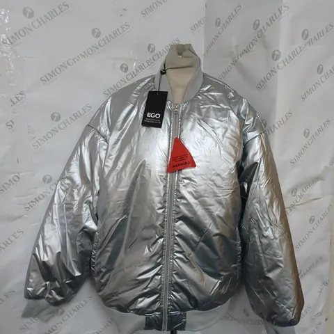 EGO OVERSIZED METALLIC BOMBER JACKET IN SILVER SIZE 6