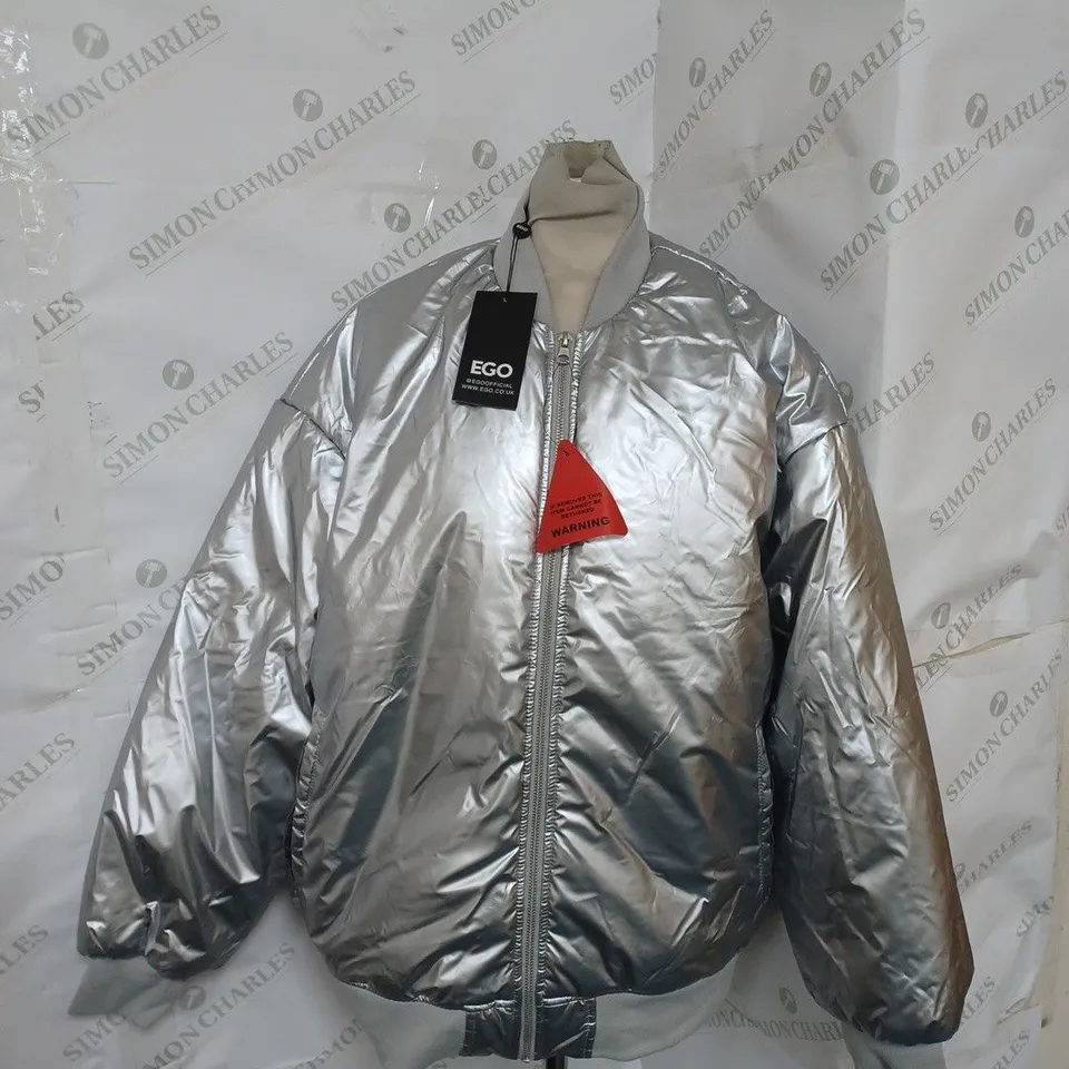 EGO OVERSIZED METALLIC BOMBER JACKET IN SILVER SIZE 6