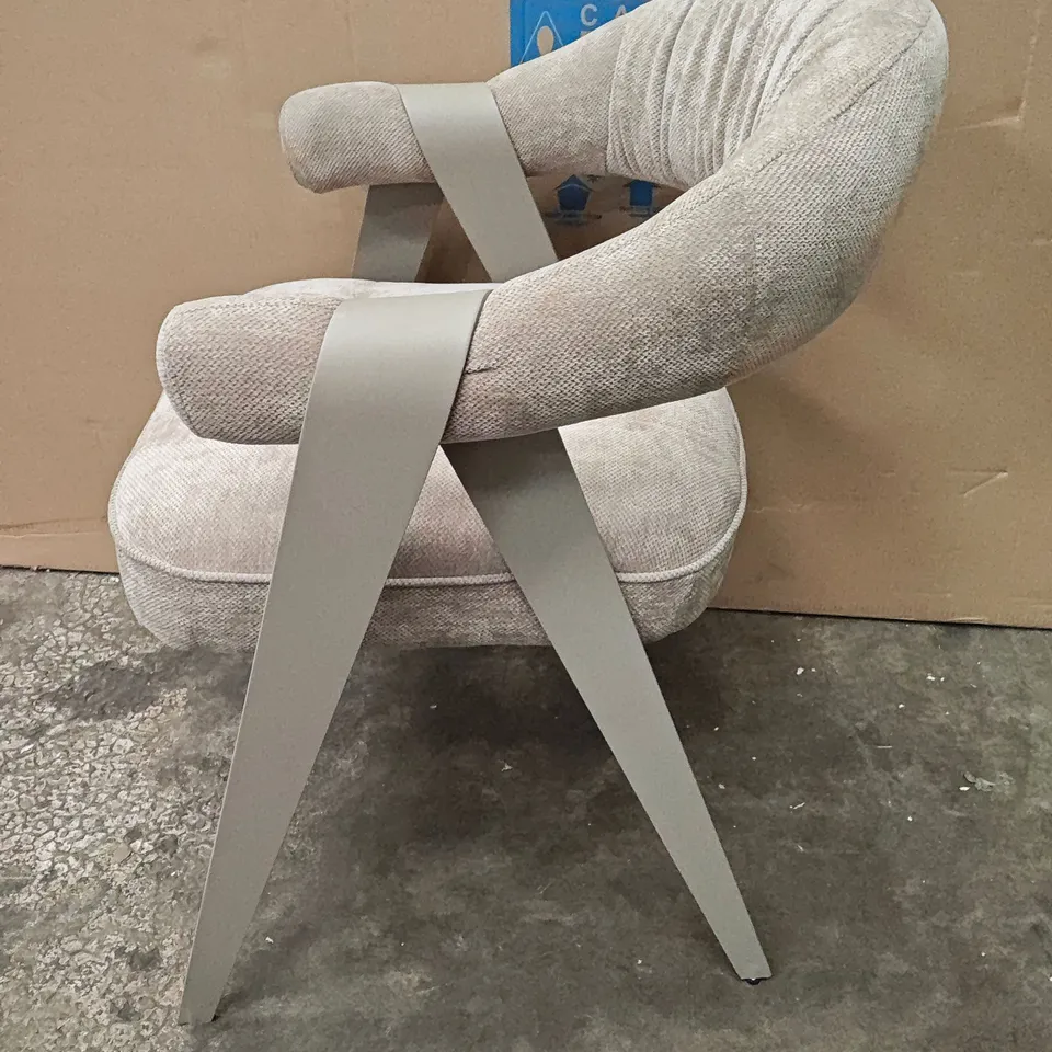 DESIGNER NATURAL FABRIC DINING CHAIR WITH METAL WRAP AROUND ARMS