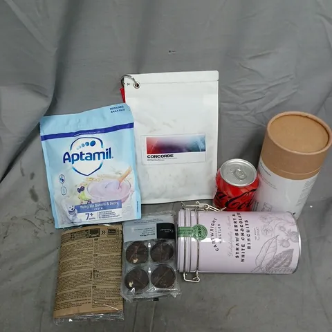 APPROXIMATELY 10 ASSORTED FOOD ITEMS TO INCLUDE KNOOPS MARSHMALLOWS, CONCORDE COFFEE, APTAMIL CEREAL, ETC