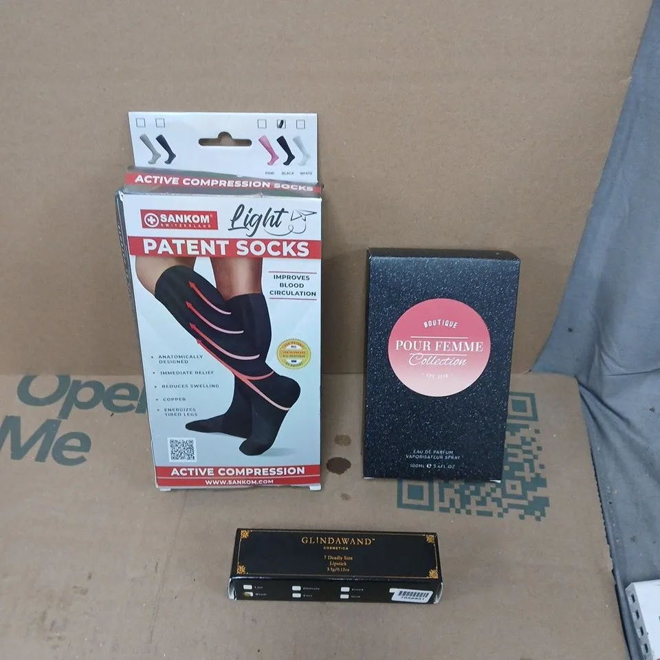 LARGE QUANTITY OF ASSORTED ITEMS TO INCLUDE BOUTIQUE FEMME PERFUME, GLINDAWAND LIPSTICK, COMPRESSION SOCKS, ETC - COLLECTION ONLY