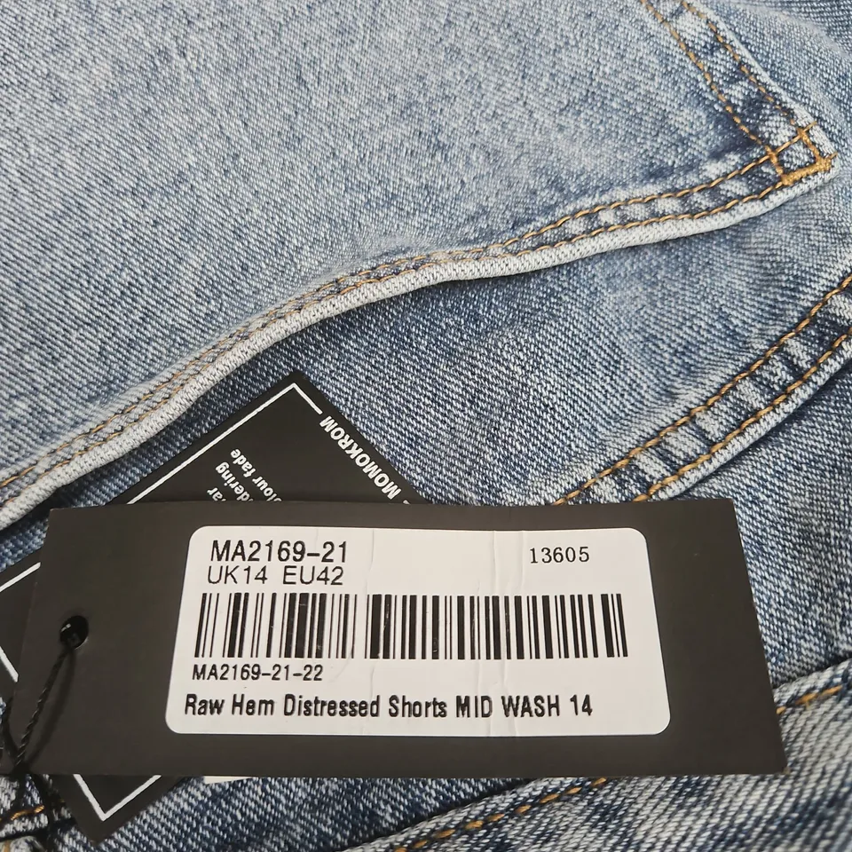 MOMOKROM RAW HEM DISTRESSED DENIM SHORTS, MID WASH – UK14 (EU42), WOMEN