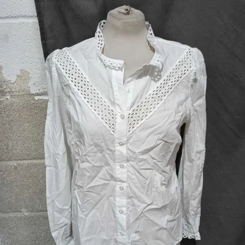ME & EM WHITE WOMEN'S BLOUSE WITH EYELET LACE TRIM - SIZE 12 
