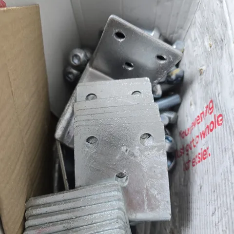 APPROXIMATELY 25 METAL BRACKETS WITH LARGE SCREWS