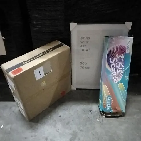 PALLET OF HOUSEHOLD ITEMS TO INCLUDE CEILING FAN WITH LIGHT, SCOOTER, PICTURE FRAME AND OTHER ASSORTED ITEMS...