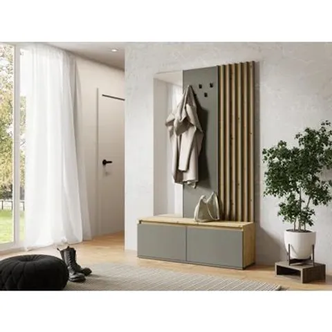 BOXED COAT RACK WITH COAT HOOKS, MIRRORS, SEATING AND SHOE CABINET