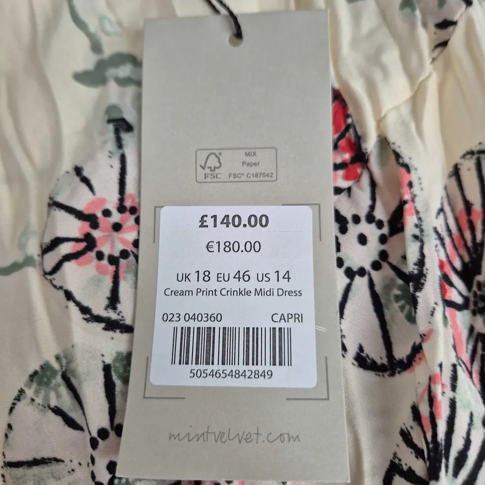 MINT VELVET CREAM PRINT CRINKLE MIDI DRESS – UK 18