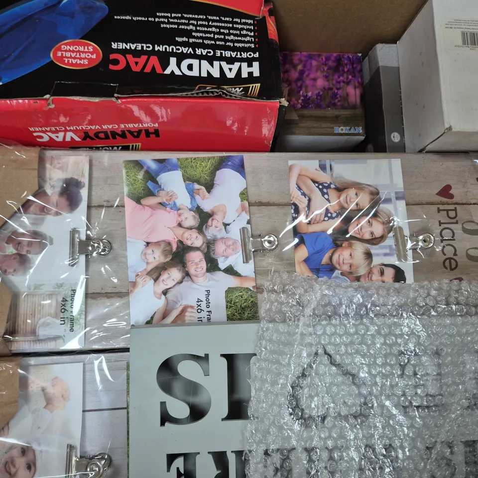 BOX OF APPROXIMATELY 10 ASSORTED HOUSEHOLD ITEMS TO INCLUDE POP SHOT, ROSE GOLD GLITTER TEA LIGHT HOLDER, CRYSTAL HEARTS TEA LIGHT HOLDER, ETC - COLLECTION ONLY