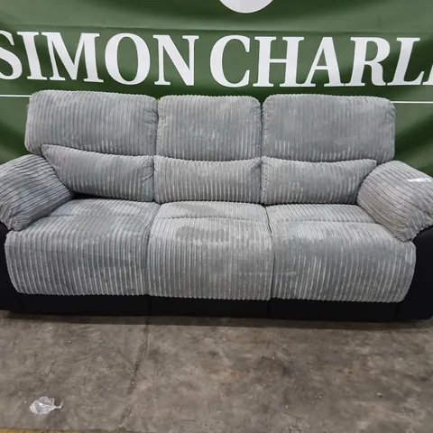 SIENNA GREY CORDUROY 3-SEATER RECLINING SOFA WITH BLACK FAUX-LEATHER ARMS