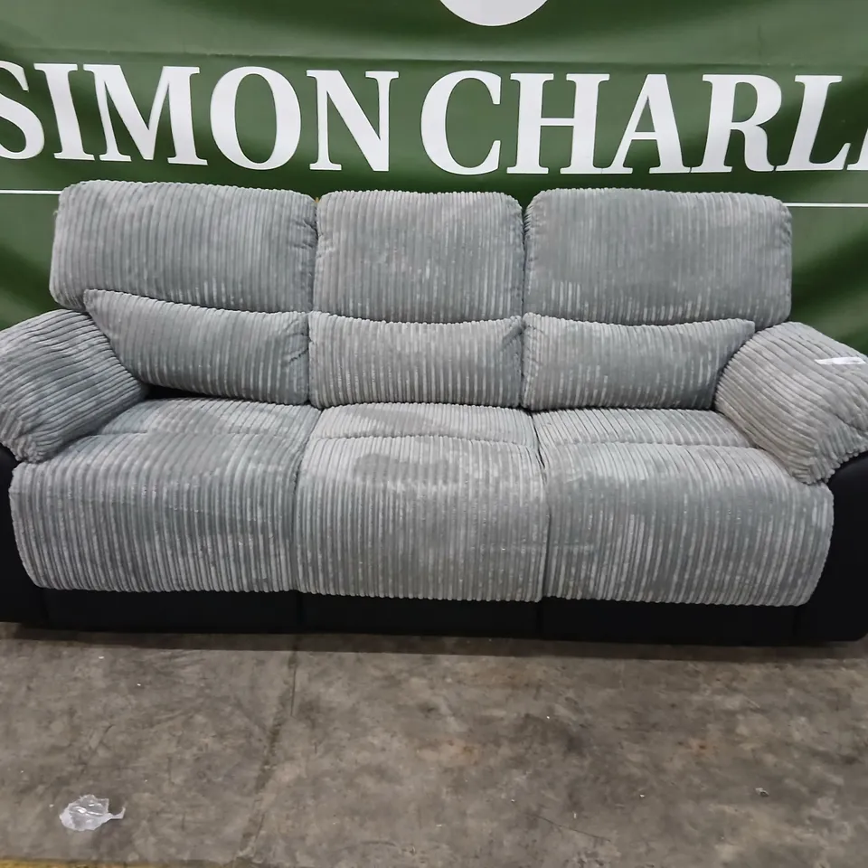 SIENNA GREY CORDUROY 3-SEATER RECLINING SOFA WITH BLACK FAUX-LEATHER ARMS