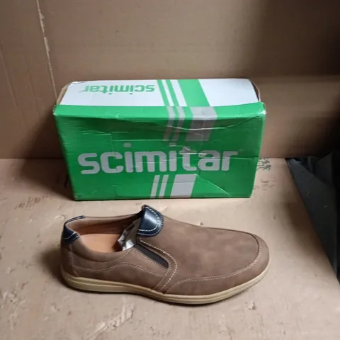 SCIMITAR MEN'S BROWN SLIP-ON SHOES – LEATHER/SUEDE, BOXED - SIZE UK 13
