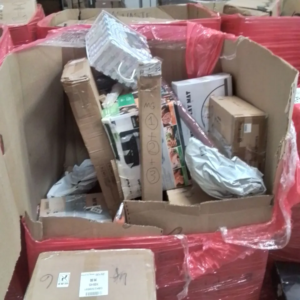 PALLET OF ASSORTED HOUSEHOLD GOODS AND PRODUCTS TO INCLUDE; HAWKSMOOR ELECTRIC LAWN MOWER,BABY PRAM,7L MULTIFUNCTIONAL FOOD PROCESSOR 