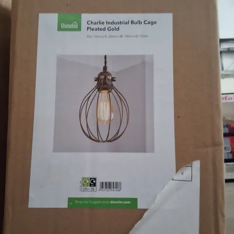 BOXED DUNELM CHARLIE INDUSTRIAL BULB CAGE PENDANT – PLEATED GOLD