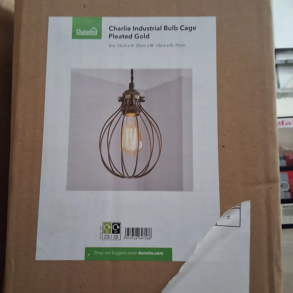 BOXED DUNELM CHARLIE INDUSTRIAL BULB CAGE PENDANT – PLEATED GOLD