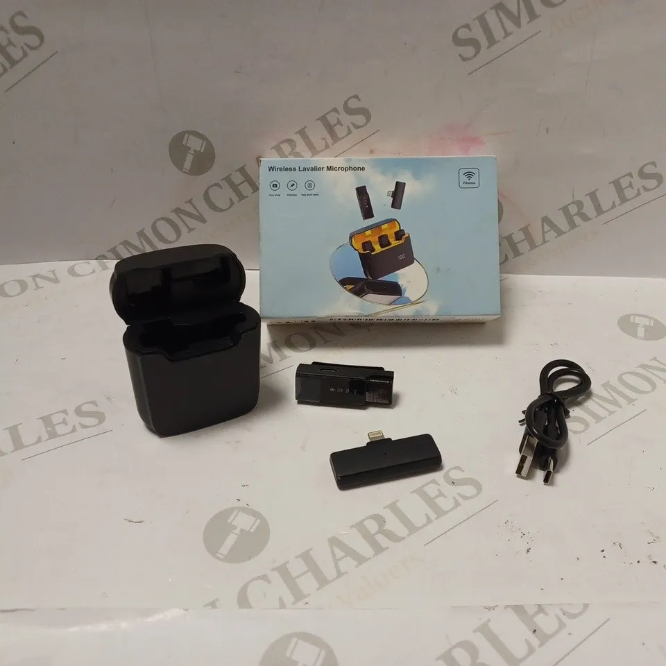 BOXED WIRELESS LAVALIER MICROPHONE WITH CASE, USB CABLE AND INSTRUCTIONS 