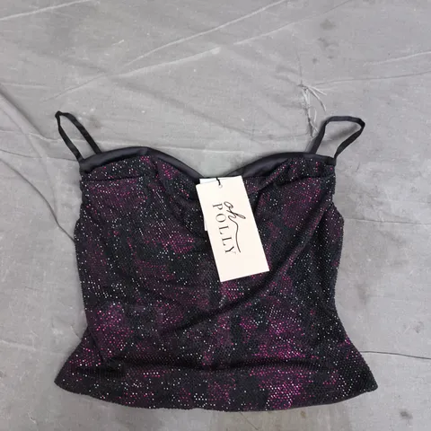 OH POLLY SEQUIN BUSTIER TOP – UK 8 (US 4), BLACK WITH PINK GLITTER
