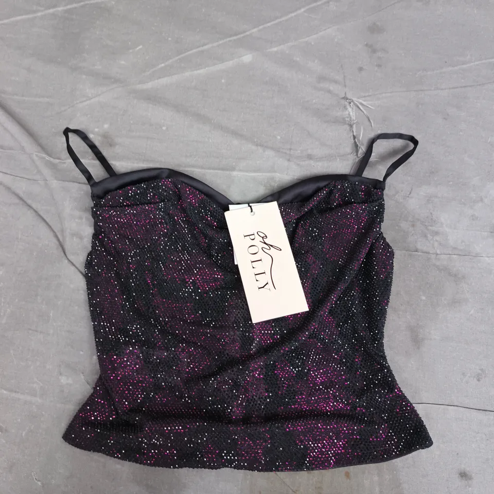 OH POLLY SEQUIN BUSTIER TOP – UK 8 (US 4), BLACK WITH PINK GLITTER