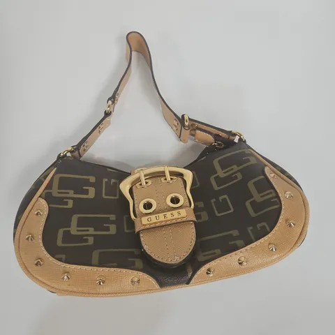 GUESS HANDBAG – MONOGRAM LOGO PRINT, TAN TRIM, STUDDED DETAIL