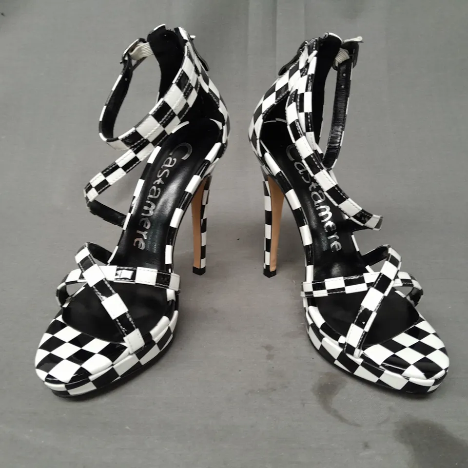 BOXED PAIR OF CASTAMERE OPEN TOE HIGH HEEL STRAPPY SANDALS IN BLACK/WHITE CHECKERBOARD EU SIZE 35