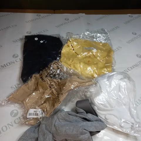 BOX OF ASSORTED CLOTHING ITEMS TOO INCLUDE DRESSES , SHIRTS AND TROUSERS IN VARIOUS SIZES AND COLOURS