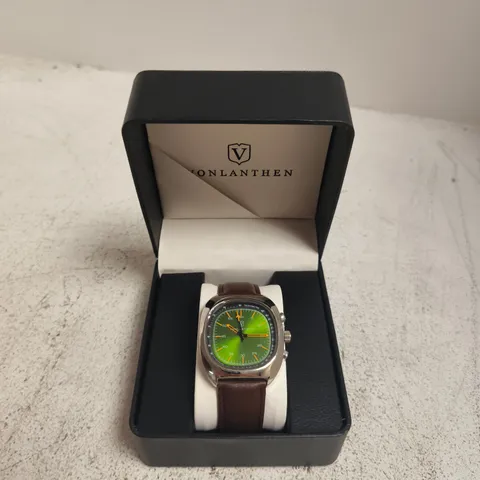 VONLANTHEN STAINLESS STEEL CASE WRISTWATCH – GREEN DIAL, BROWN LEATHER STRAP