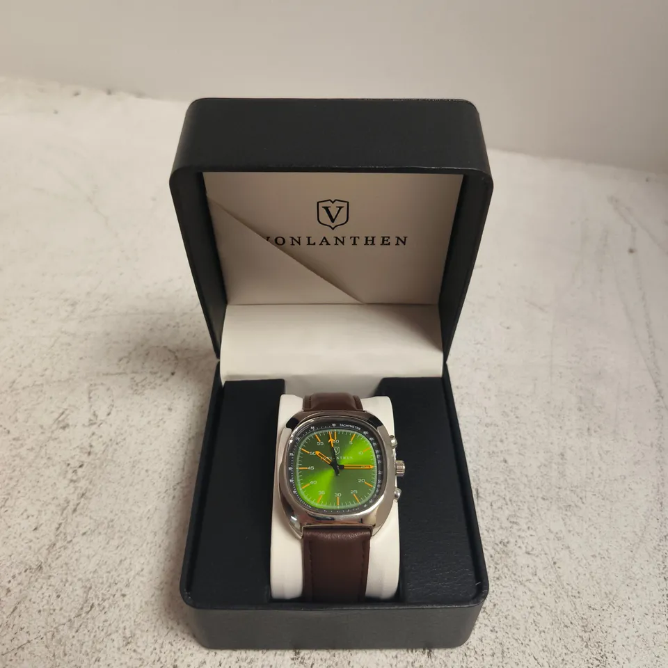 VONLANTHEN STAINLESS STEEL CASE WRISTWATCH – GREEN DIAL, BROWN LEATHER STRAP