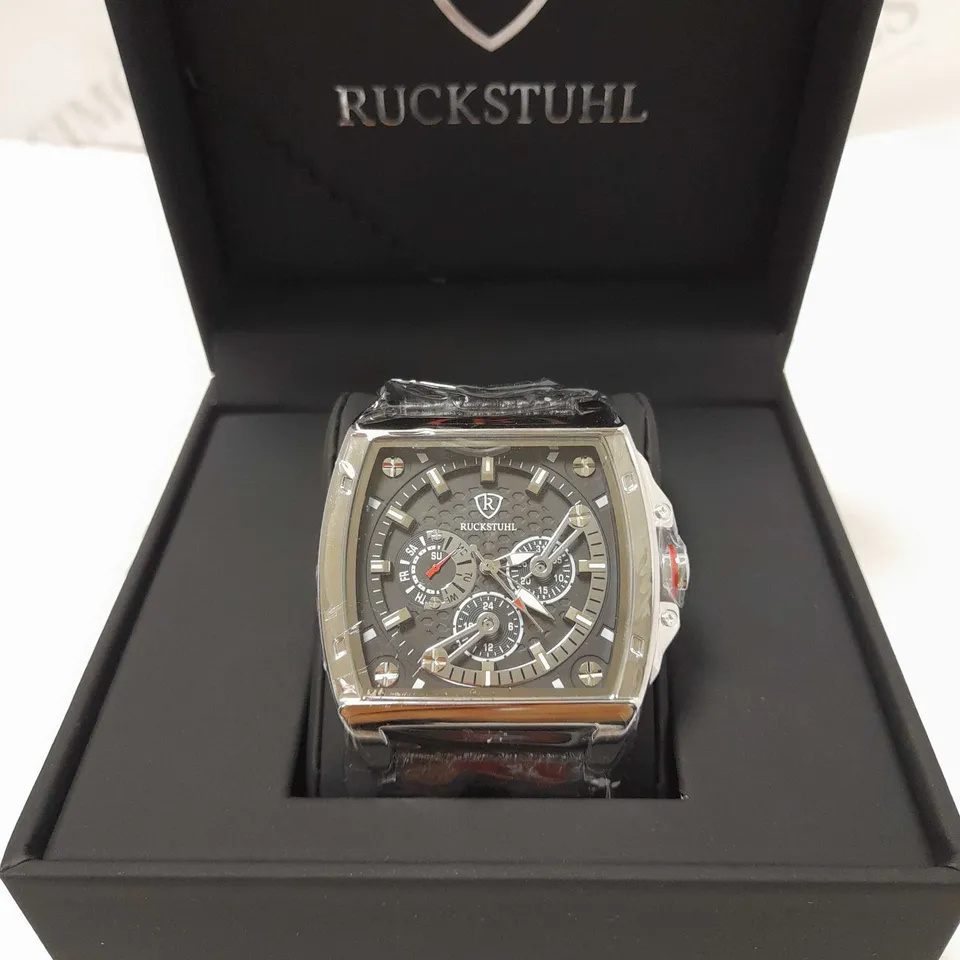 RUCKSTUHL TRIPLE DIAL BLACK LEATHER STRAP WRISTWATCH