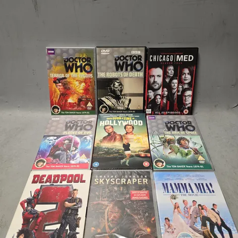 TOTE OF APPROXIMATELY 15 ASSORTED DVD'S TO INCLUDE - DOCTOR WHO , MAMMA MIA , DEADPOOL 2 ETC