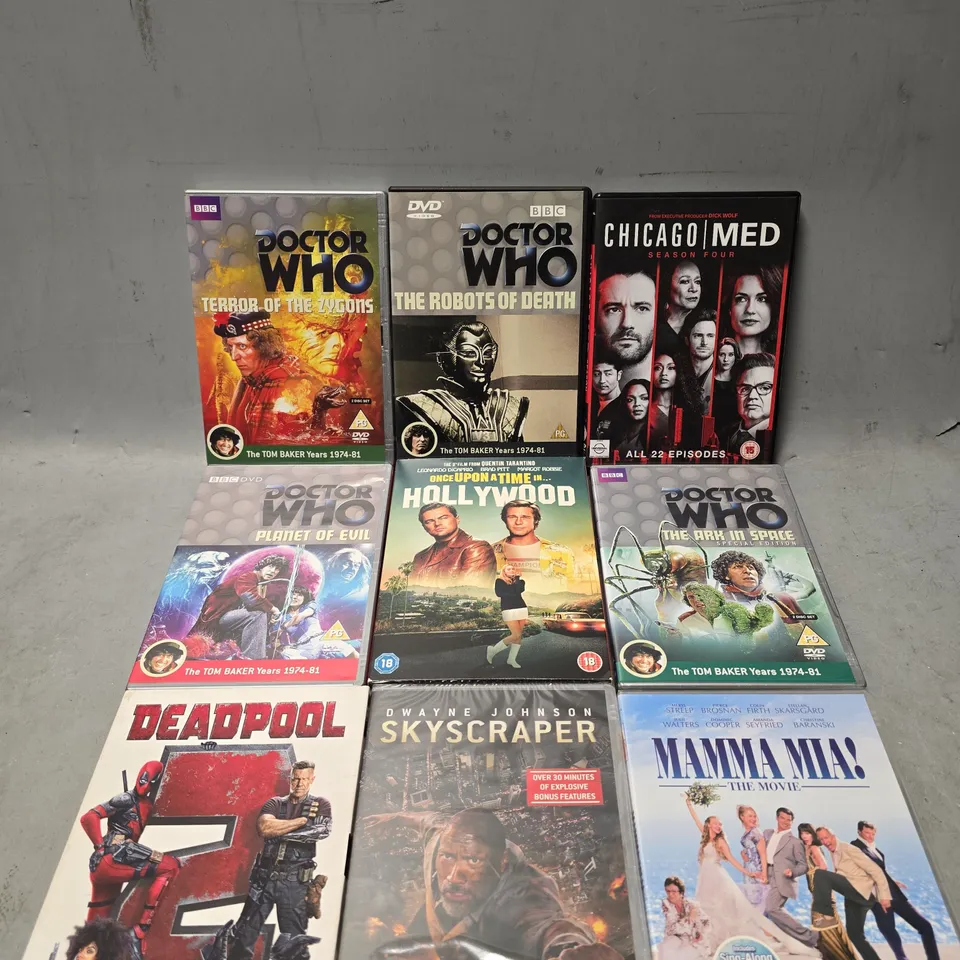 TOTE OF APPROXIMATELY 15 ASSORTED DVD'S TO INCLUDE - DOCTOR WHO , MAMMA MIA , DEADPOOL 2 ETC