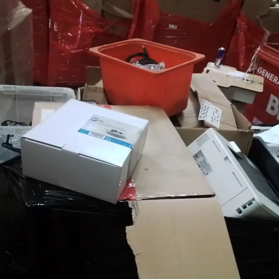PALLET OF OFFICE PRODUCTS AND ITEMS TO INCLUDE;MONITOR PRINTER USB WIRES,FLUSH MOUNTING SPEAKERS FOR FALSE CEILINGS,SPEAKER,PRINTER 