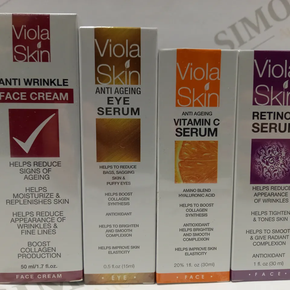 LOT OF 4 ASSORTED VIOLA SKIN PRODUCTS TO INCLUDE ANTI WRINKLE FACE CREAM, EYE SERUM, VITAMIN C SERUM, RETINOL SERUM