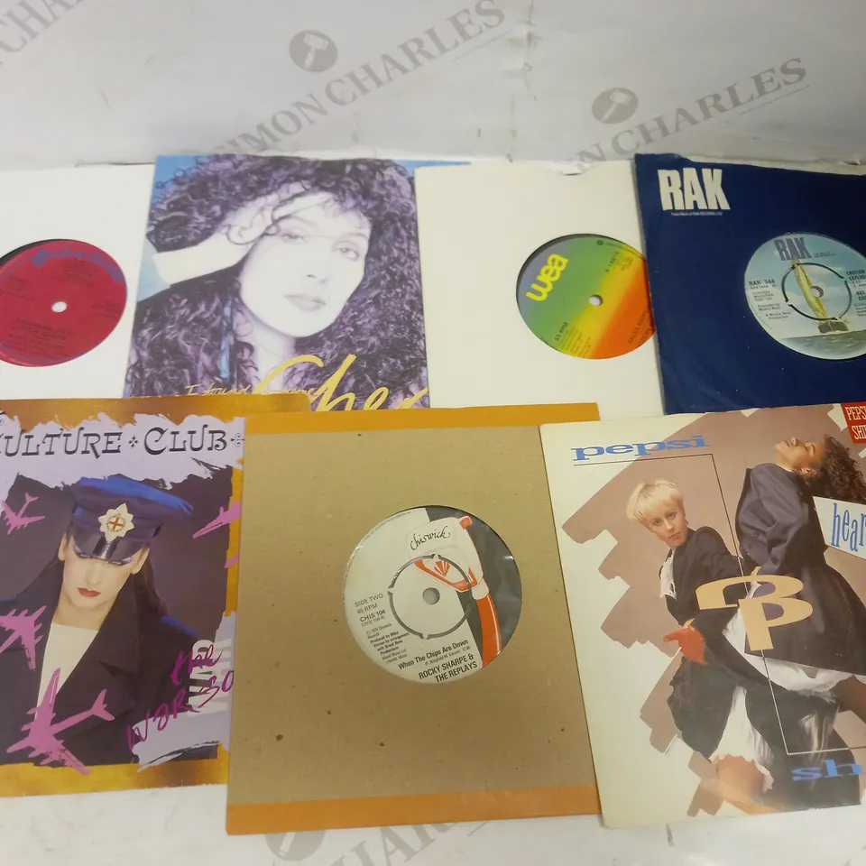 LOT OF APPROXIMATELY 20 VINYL SINGLES, TO INCLUDE CHER, CULTURE CLUB, PEPSI & SHIRLIE, ETC