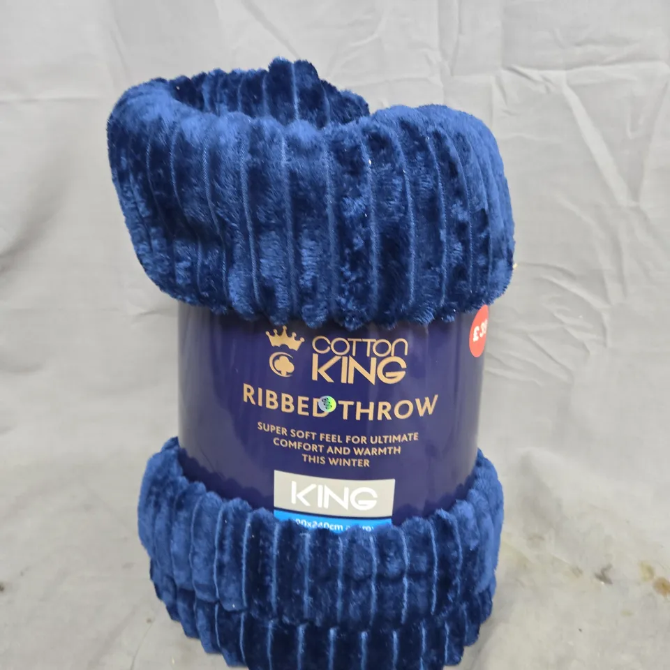 COTTON KING RIBBED THROW – BLUE, 90 X 240 CM