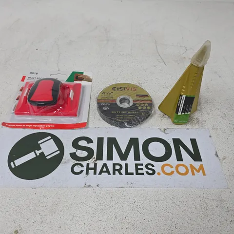 APPROXIMATELY 15 ASSORTED HOUSEHOLD PRODUCTS TO INCLUDE CUTTING WHEEL, PAINT EDGE TRIMMER AND 4LB 4 WAY SPLITTING WEDGE