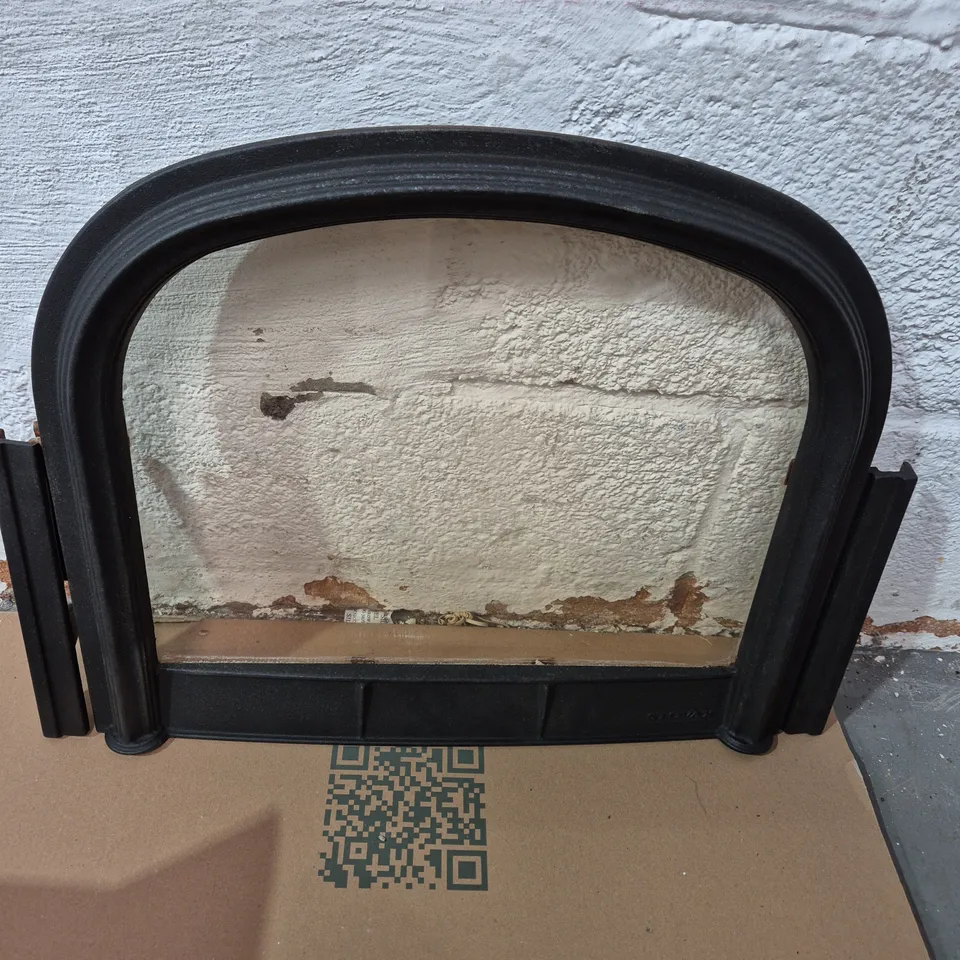 ARCH-SHAPED FIREPLACE DOOR WITH GLASS INSERT, BLACK METAL FRAME